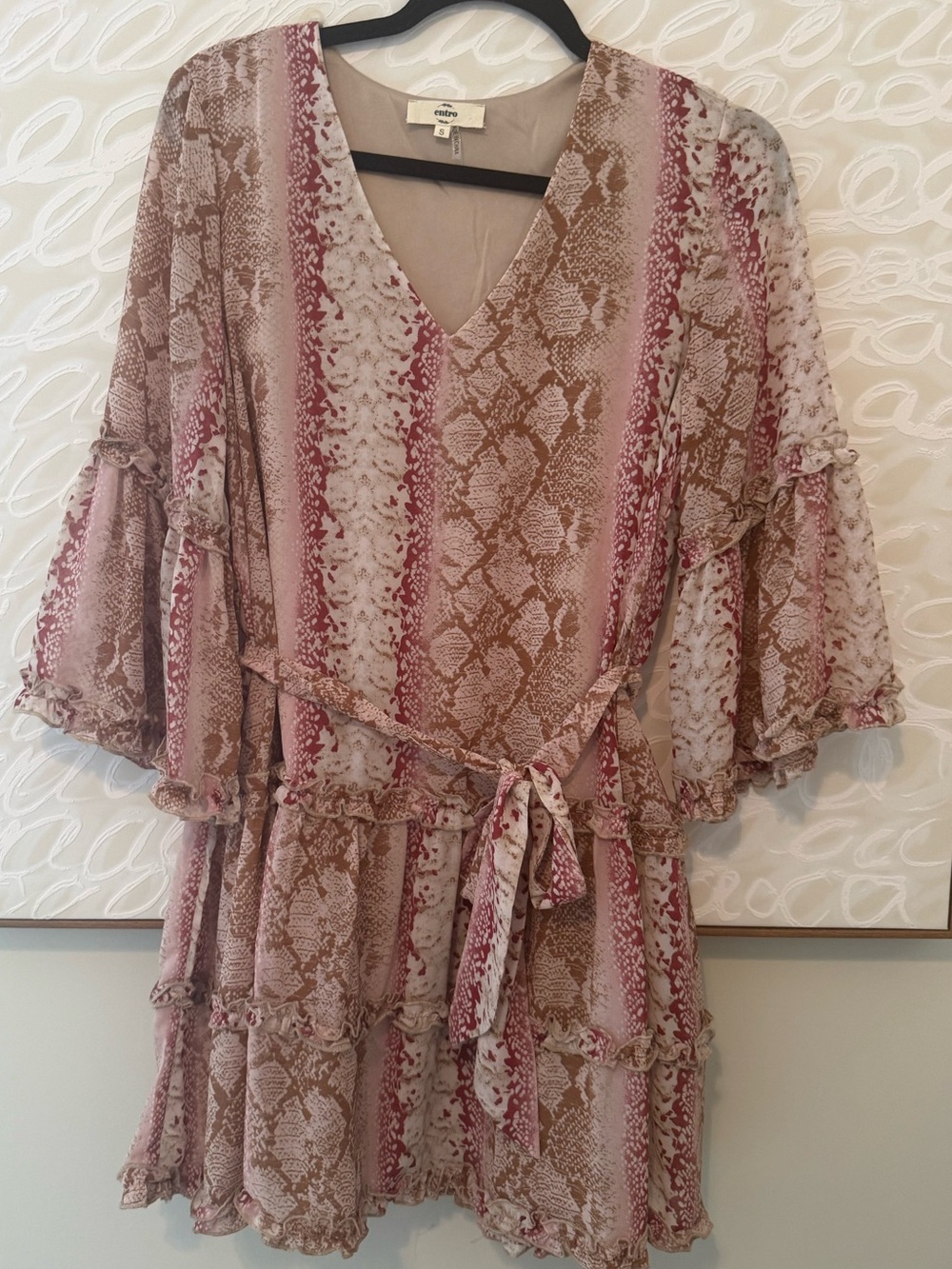 entro Pink Taupe Snake-Print Ruffle Wrap Mini Dress